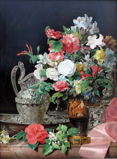 Bouquet with Silver Vessels and Antique Vase by Ferdinand Georg Waldmuller